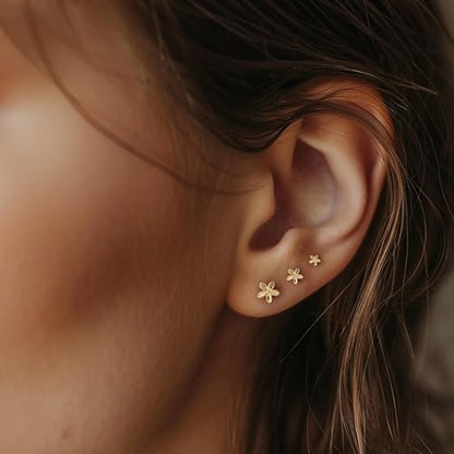 LLWOM 3 Pairs Tiny Flat Back Earrings, Hypoallergenic 14K Real Gold Plated Helix Cartilage Earrings Post Studs Jewelry for Women Gift - color: Gold-Flower