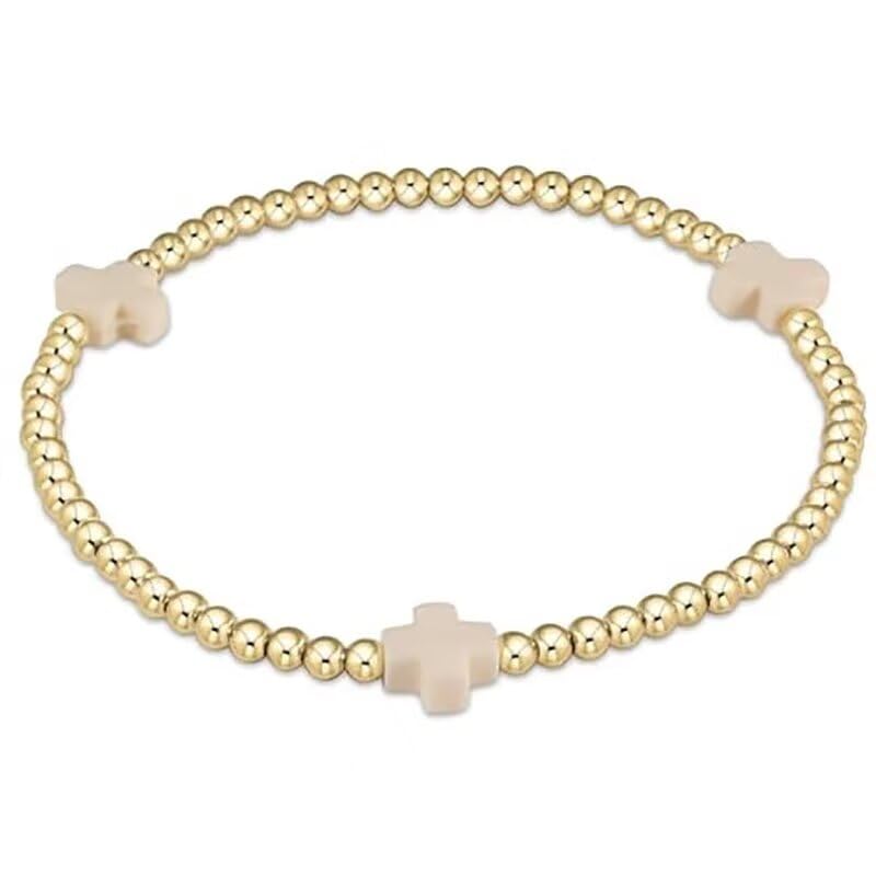Colorful Cross Charm Bracelets for Women Men Adjustable Gold Plated Beaded Bracelet Boho Bead Ball Stretch Bracelet Birthday Summer Beach Jewelry - color: Beige