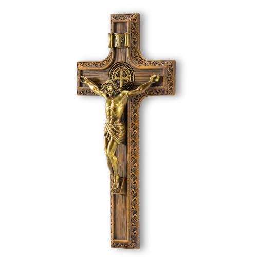 DevotedWalls Saint Benedict Crucifix for Wall–12" H Catholic Cross with Medal, Gold-Toned Finish St Benedict Crucifix with Jesus Christ Sculpture for Living Room, Bedroom, or Church Wall Decor - size: 12"L x 6.4"W