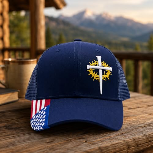 Christian Cross Baseball Cap for Men, American Flag - color: Navy Blue