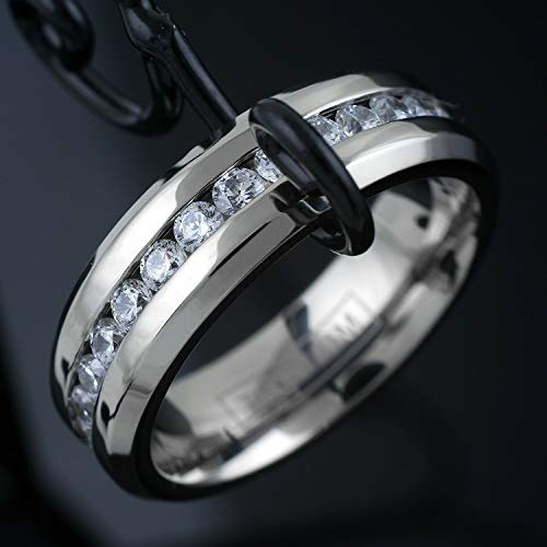 KING'S CROSS Personalized Engraved Dazzling 7mm Ultra-Light Brilliant Polished Titanium Cubic Zirconia (CZ) Eternity Band Ring with Beveled Edges.