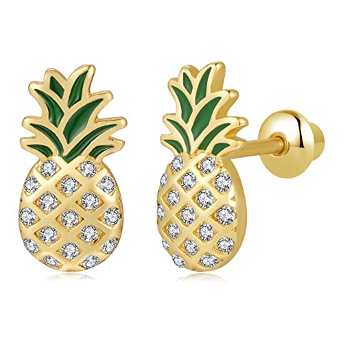 Butterfly Ladybug Unicorn Sloth Flamingo Dog Cat Turtle Angel Koala Daisy Panda Stud Earrings for Girls Women - Sterling Silver Hypoallergenic Animal Earrings with Secure Screw Backs - color: Pineapple