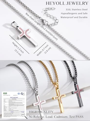 Baseball Cross Necklaces for Boys Men, Colourfast Stainless Steel Bible Verse Cross Chain Pendant Necklace Baseball Accessories Stuff Confirmation First Communion Gifts for Boys Teens - color: Silver