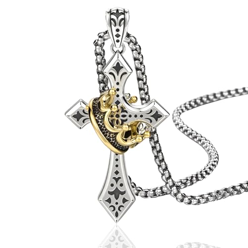 Elegant Cross Necklace for Men， Cross Pendant Necklace– Stainless Steel Chain with Detachable Crown Pendant