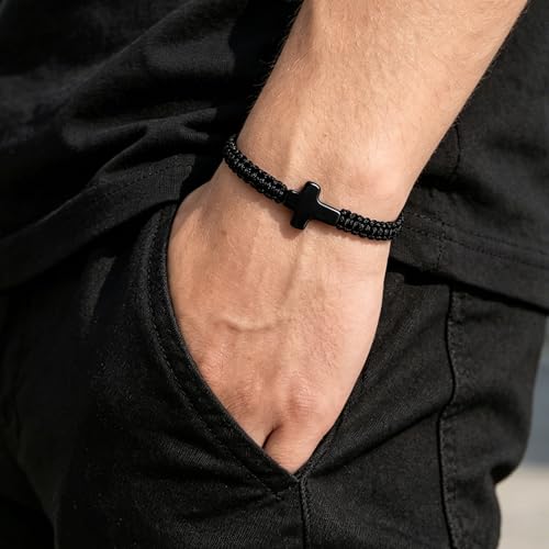 Handmade Letter Initial Bracelets A M K for Women Men Teens Cross Bracelet Black Rope Braided Jewelry Jesus Christian Bracelets Gift - color: Cross