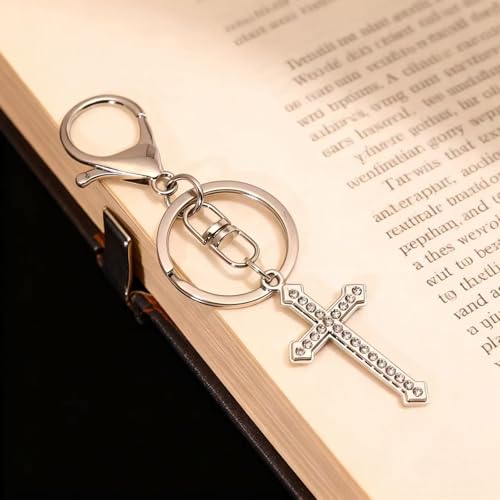 12 Pcs Christian Cross Keychains with Rhinestone-Religious Gifts - color: Silver