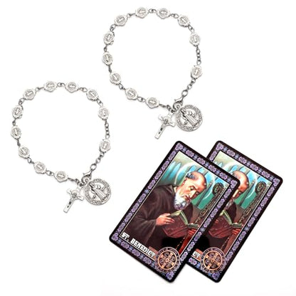 Brilucky 2 Sets St Benedict Bracelets with Saint Benedict Medals and Crucifix,Catholic Rosary Bracelet with Prayer Card for Women Men Gift,Medalla De San Benito Rosary Jewelry