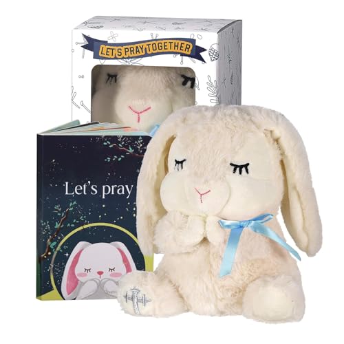 VUNCESSIN Baptism Gifts for Boys, Baby Dedication Gift, Christening Gifts for Baby Boys, Baptism Gifts Set Include 7'' Plush Bunny and Let's Pray Book in Keepsake Box. - color: Blue-bunny