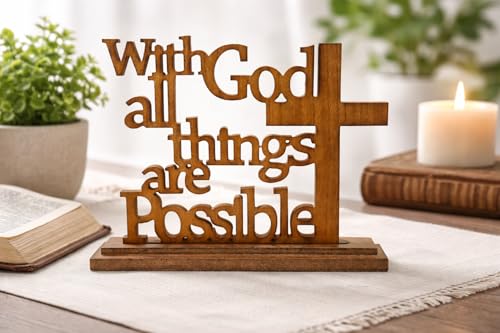 With God All Things Are Possible Wood Plaque – Matthew 19:26 Bible Verse Sign with Stand – Laser-Cut Scripture Cross Decor – 14×11 Inch MDF Walnut Finish – Christian Tabletop Desk Shelf Display Gift