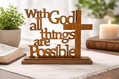 With God All Things Are Possible Wood Plaque – Matthew 19:26 Bible Verse Sign with Stand – Laser-Cut Scripture Cross Decor – 14×11 Inch MDF Walnut Finish – Christian Tabletop Desk Shelf Display Gift