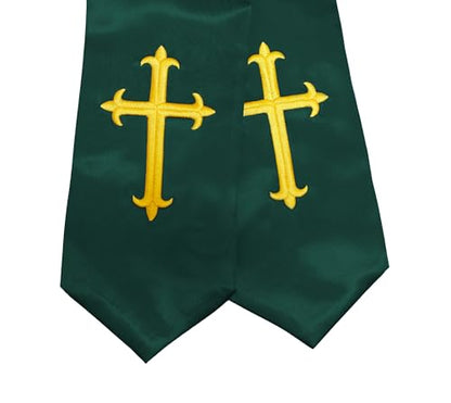 Unisex Clergy Stole with Embroidery Cross 72", Traditional Choir Stole - color: Green