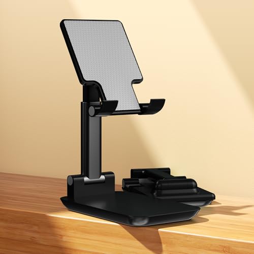 Cell Phone Stand,Adjustable Angle Height Phone Stand for Desk,Fully Foldable/Portable Phone Holder with Silicon Pad for iPhone 16/15/14/13/12/Smartphones,All Mobile Phones (Black) - color: Black