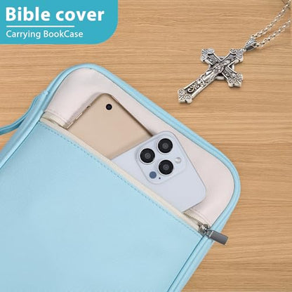 GERMUN Bible Cover with Durable Handle, Carrying Book Case Church Bag Bible, Protective with Zippered Pocket, Bible Accessories Supplies, Book Protector for Book Lovers, WhiteBlue - color: White&Blue