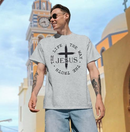 Christian Jesus Faith Shirts Men: The Way The Truth Life Cross Graphic Tee - color: Light Gray, size: XX-Large