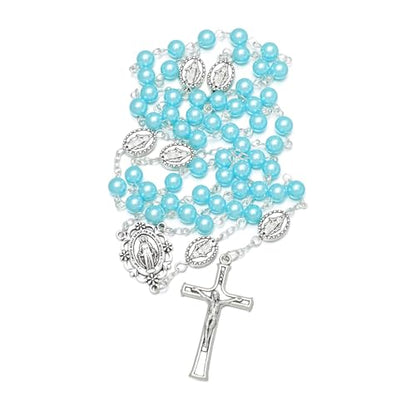 KOMI 6mm Glass Pearl Rosary Beads Catholic for Women with Metal Rosary Box Religious Gifts - style: Virgn Mary-blue
