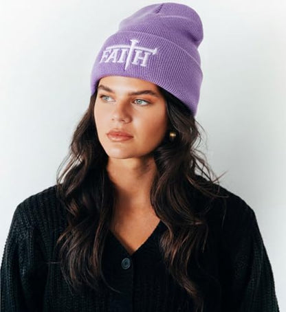 Christian Jesus Cross Beanie - Faith Winter Beanie Hats for Men Women - Religious Gifts for Christmas & New Years - color: Faith-white Cross/Light Purple