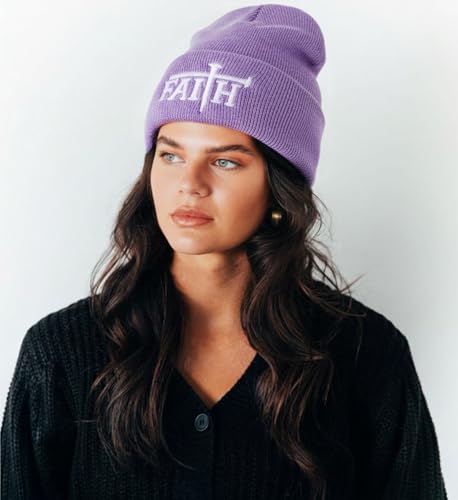 Christian Jesus Cross Beanie - Faith Winter Beanie Hats for Men Women - Religious Gifts for Christmas & New Years - color: Faith-white Cross/Light Purple