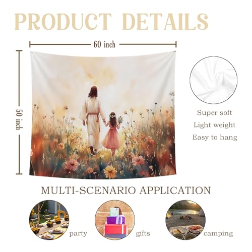 bitCNY Jesus and Girl Tapestry 60x50 Inches – Christian Tapestry for Kids Room, Gentle Faith Wall Hanging, Religious Art for Family Spaces - color: white-Jesus and Girl