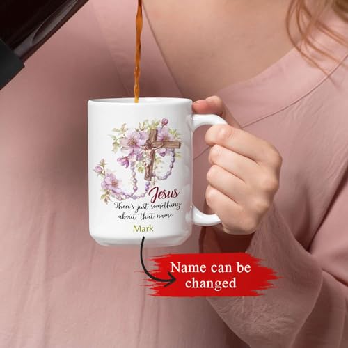 Personalized 11oz & 15oz Ceramic Coffee Cup With Cross & Rosary Design, Customized Name Christian Coffee Mug - color: XUA-324-1555-HOLY CROSS ROSARY MUG