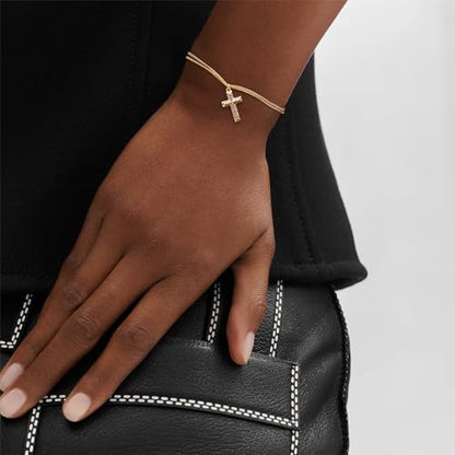 Gold Cross Bracelet for Women, Dainty 18K Gold Plated Double Pendant Jewelry, Sparkling Zirconia Prayer Bracelet, Adjustable Link Chain Lobster Clasp (5.9in + 2.4in) - style: Sparkling Full-Zircon Cross