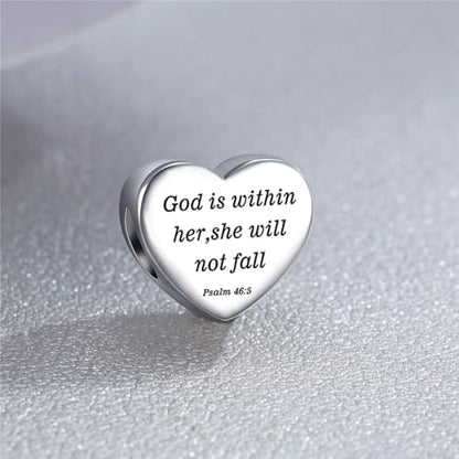 Heart Charm Fit Pandora Charms Bracelet Christian Bible Verse Charm Prayer Faith Religious Charms Gifts for Women - style: God is within her,she will not fall Psalm 46:5