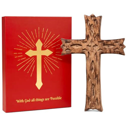 KSJONE Handmade Antique Design Rustic Look Wooden Wall Hanging Cross Decorative Religious Altar Spiritual Art Sculpture Home Living Room Décor Accessory for Christmas and Other Occasions (10 Inch) - size: 10"L x 6.5"W