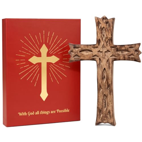 KSJONE Handmade Antique Design Rustic Look Wooden Wall Hanging Cross Decorative Religious Altar Spiritual Art Sculpture Home Living Room Décor Accessory for Christmas and Other Occasions (12 Inch) - size: 12"L x 8"W