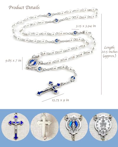 Catholic Rosary Necklace, Solid Glass Beads, Prayer Guide Included, Faith Gift for Women - color: White