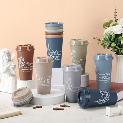12 Pcs Fathers Day Cups Bulk Christian Gifts Plastic Reusable Coffee Cups with Lid 16 oz Inspirational Bible Verse Tumbler Religious Gift for Men Dad Church Sunday School(Morandi) - color: Morandi