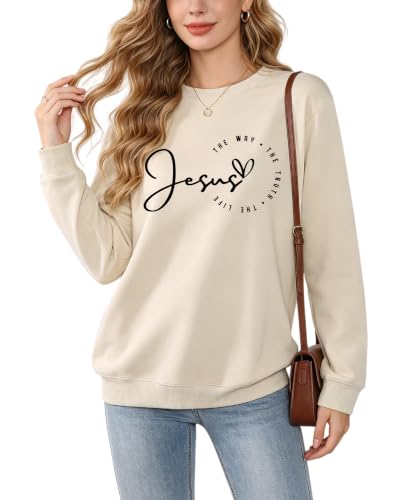 Christian Sweatshirts for Women Jesus Long Sleeve Graphic Shirts - color: Beige1, size: Medium
