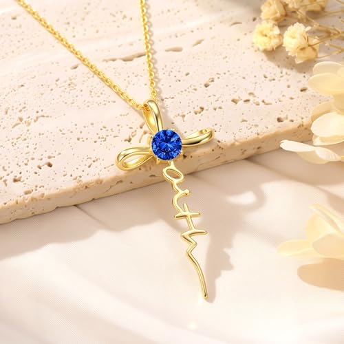 Gold Birthstone Faith Cross Infinity Necklace 14K Gold Religious Cross Pendant Necklaces with Birthstone Jewelry Christian Faith Mothers Day Gifts for Mom Wife Daughter - style: Gold-9