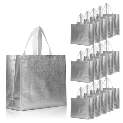 cabzymx 16 Pcs Glossy Silver Reusable Gift Bags, Metallic Bling Design Holiday Gift Bag with Handles & Bases, Non-woven Goodie Bags Bulk for Birthday, Wedding, Parties, Graduation- 12.6x4.7x11 In - color: Silver, size: 1 Count (Pack of 16)
