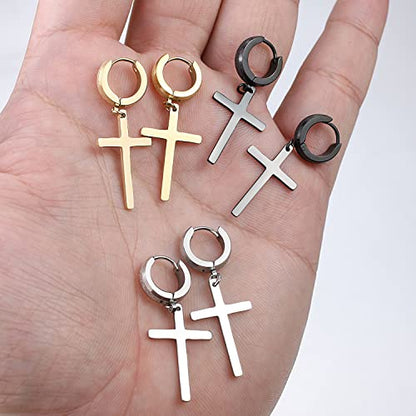 Men Women Stainless Steel Cross Earrings Set Dangle Hinged Earrings of Dangle Hinged Earrings Cross hoop Earrings - color: 3 Pairs Cross Earrings (Black+Silver+Gold) Scrub Large