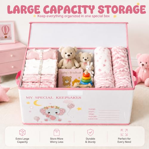 Baby Memory Keepsake Box 16x12x12 Inch Elephant Dinosaur Pattern - color: pink