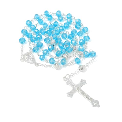 KOMI Crystal Rosary Beads with Jesus Crucifix, Catholic Necklace for Women First Communion Rosarios Wedding Rosary with Velvet Bag - style: 6MM-blue