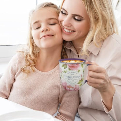 Christian Art Gifts Large Ceramic Scripture Coffee & Tea Mug for Women - color: White & Purple/Noble Things