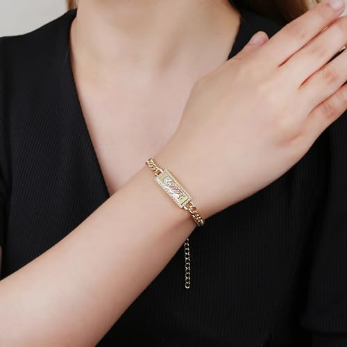 14K Yellow Gold Christian San Judas Bracelet For Women Men - Religious St Jude Bracelet, San Judas Tadeo Bracelet, Pulseras De San Judas Tadeo, Saint Jude Bracelets - color: Zircon Brown Flower Bracelet H