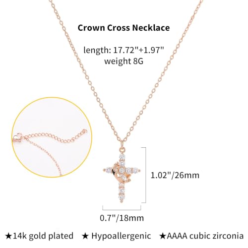 Upgraded Crown Cross Necklace for Women, CZ Pendant 18+2 - color: rose gold