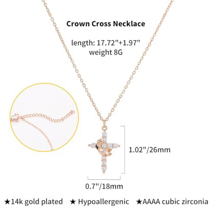 Upgraded Crown Cross Necklace for Women, CZ Pendant 18+2 - color: rose gold