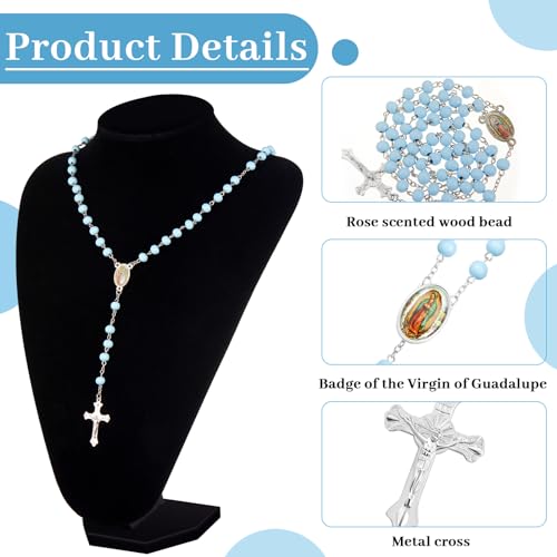 Taiyin 36 Pcs Wooden Bead Rosary Necklace with Crucifix and Our Lady of Guadalupe Scented First Communion Rosary with 36 Organza Bags Baptism Favors Catholic Gift for Men Women - color: Light Blue