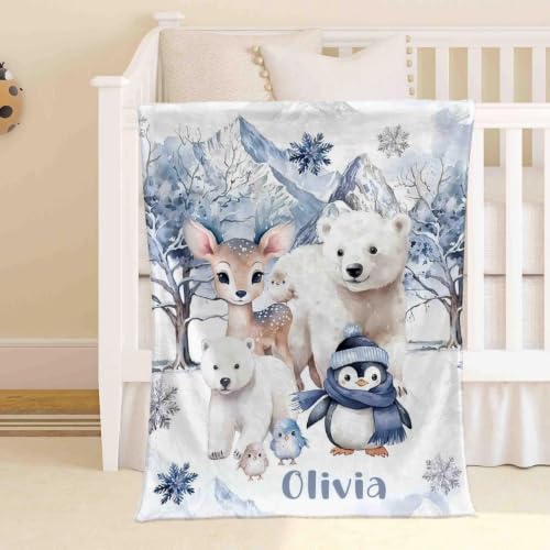 Personalized Winter Woodland Baby Blanket, Custom Name Polar Bear Deer Penguin Throw, Snow Nursery Decor, Soft Minky Cover - color: Forest Blanket #8