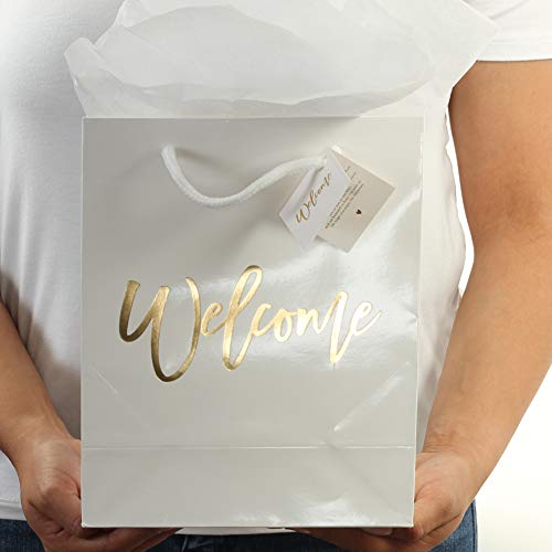 Andaz Press Large White Gold Foil Stamped Welcome Bags for Guests, Bulk Set of 25 Hotel Guests Gift Bags, Church, Destination Wedding, Includes White Tissue Paper and Wedding Welcome Bag Notes