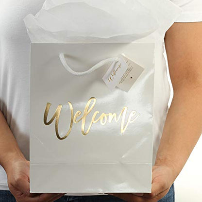 Andaz Press Large White Gold Foil Stamped Welcome Bags for Guests, Bulk Set of 25 Hotel Guests Gift Bags, Church, Destination Wedding, Includes White Tissue Paper and Wedding Welcome Bag Notes