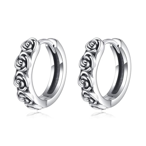 AOBOCO Black Hoops Earrings for Men Sterling Silver Viking Celtic Cross Heart Skull Round Triangle Hoop Earrings Birthday Father Day Christmas Jewelry Gifts for Men Women Friends - style: Rose Hoops