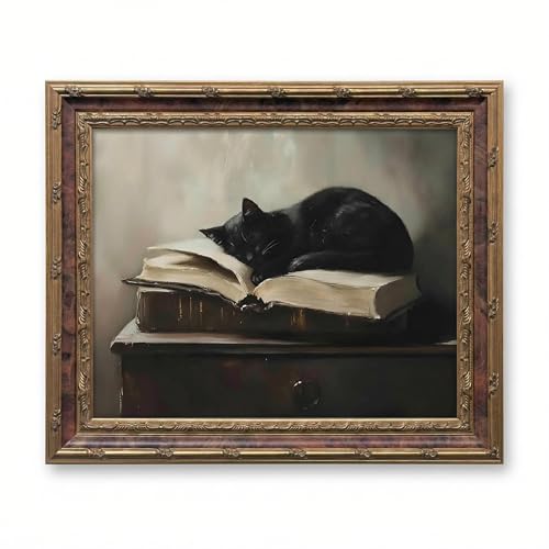 Vintage Moody Gothic Black Cat Wall Art, Dark Academia Cat Canvas Print, - color: cat, size: 12"L x 16"W