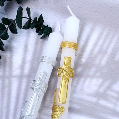 Catholic Baptism Candle - Baptismal Candle for Boys and Girls - Velas para Bautizo - White, Religious Symbols, Long Burning - color: Gold Candle