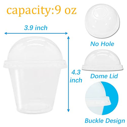 Szsrcywd 50 Pack 9 oz Clear Plastic Cups,Disposable Dessert Cups with No Hole Dome Lids,Crystal PET Party Cup for Parfait,Salad,Ice Cream,Cold Drink,Cupcake - style: 9oz dome lids with no hole