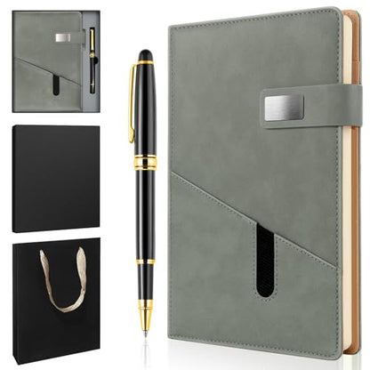 A5 Lined Leather Notebook and Pen Set with Gift Box, 240 Pages Refillable Journal with Pocket and Magnetic Buckle, Hardcover Daily Diary for Men and Women Business Travel Personal Writing- Gray - color: Gray