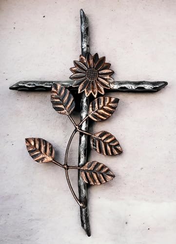 Top Brass 12” Metal Wall Mount Cross – Sunflower/Daisy Floral Garden Design – Holy Celtic Crucifix Silver & Copper Finish, Modern Rustic Jesus Art Sculpture