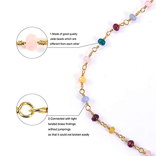 LiQunSweet 32.8 Ft(10M) Handmade Natural Dyed Jade Stone Beaded Rosary Wrapped Chain with Golden Brass Finding for Handcrafted Jewelry Making Anti-Lost Eyeglasses Strap Safety Rope DIY - 4x3mm Beads - color: Colorful+Golden